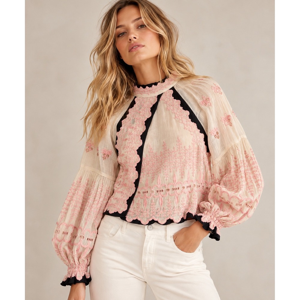 Free People Embroidered Mock Neck Balloon Sleeve Blouse Pink Cream XS OB1232863